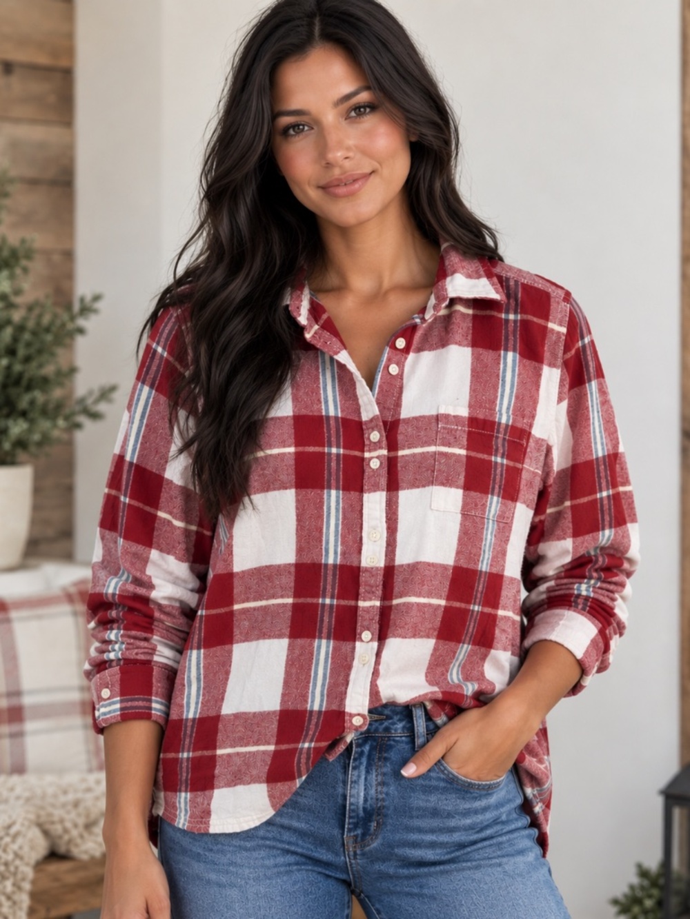 Roxy women's red and white plaid flannel button-down shirt